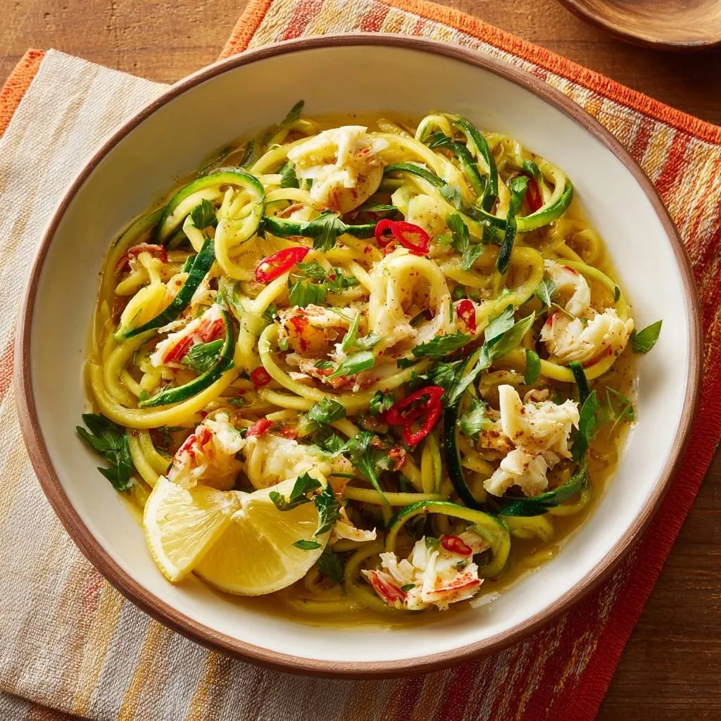 Lemon chili crab zoodles in a bowl, featuring a close-up view of the zesty seafood and vegetable pasta.