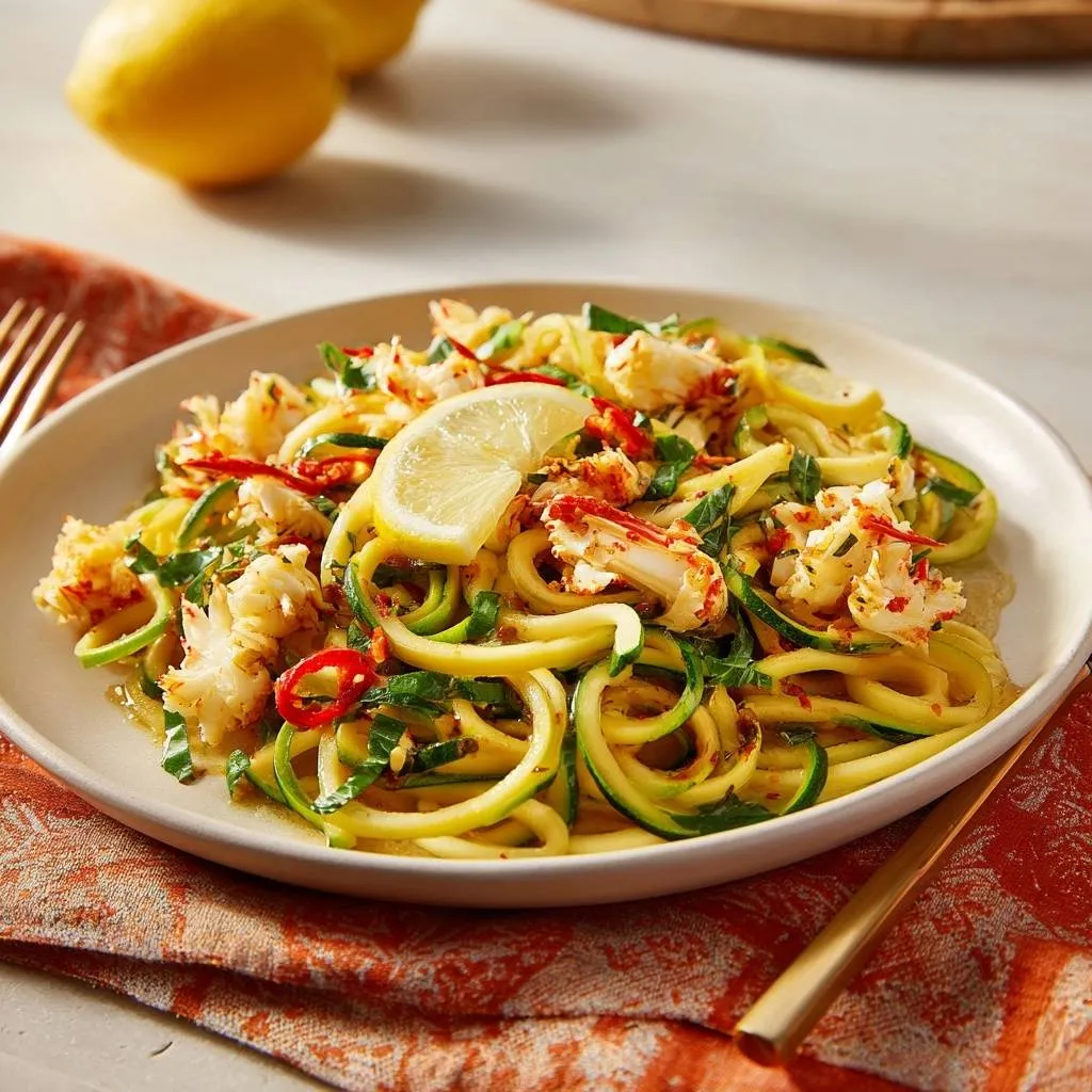Lemon chili crab zoodles served on a white plate with a lemon slice garnish and red chili accents.
