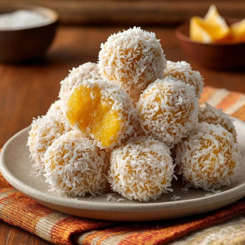 Lemon coconut balls no-stick rolling recipe, with a close-up cross-section revealing the vibrant yellow interior.