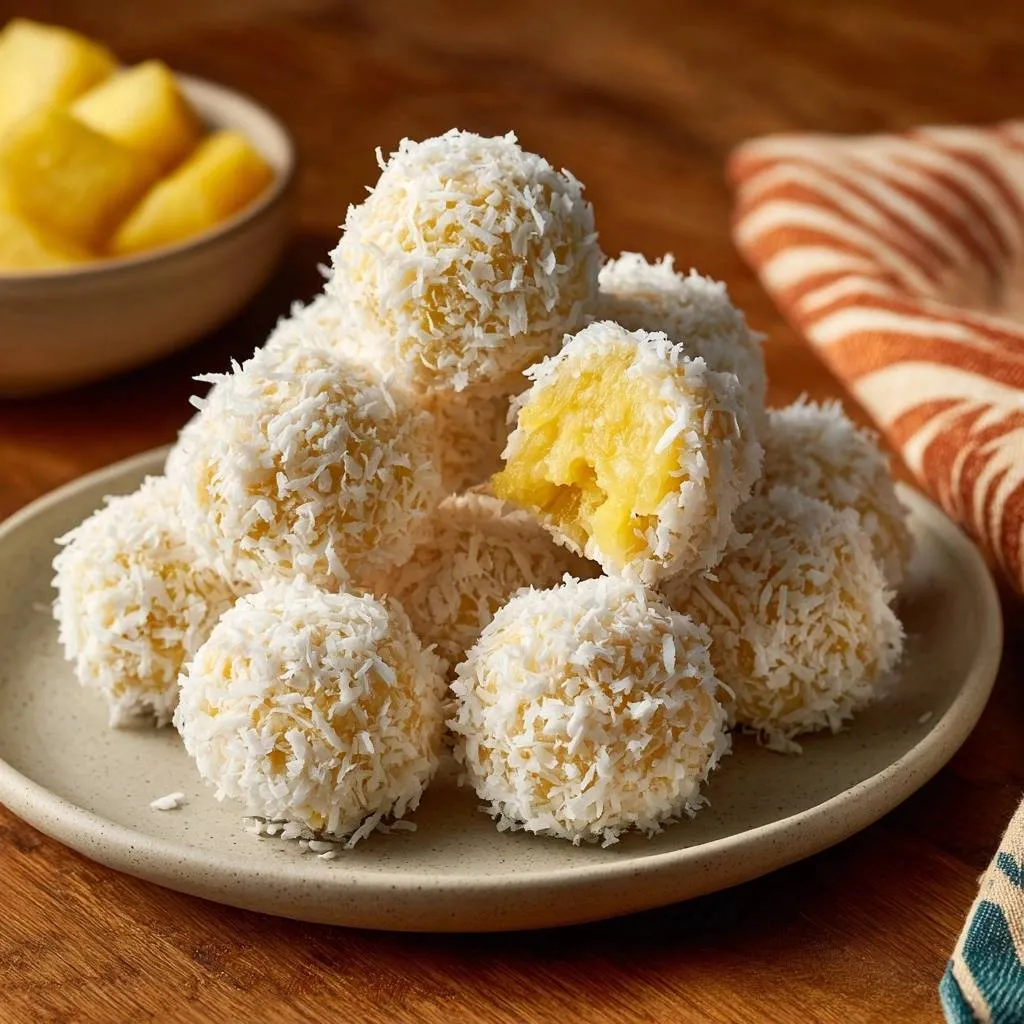 Lemon coconut balls, a pile of no-stick rolling treats, with one shown in cross-section revealing the bright yellow interior.