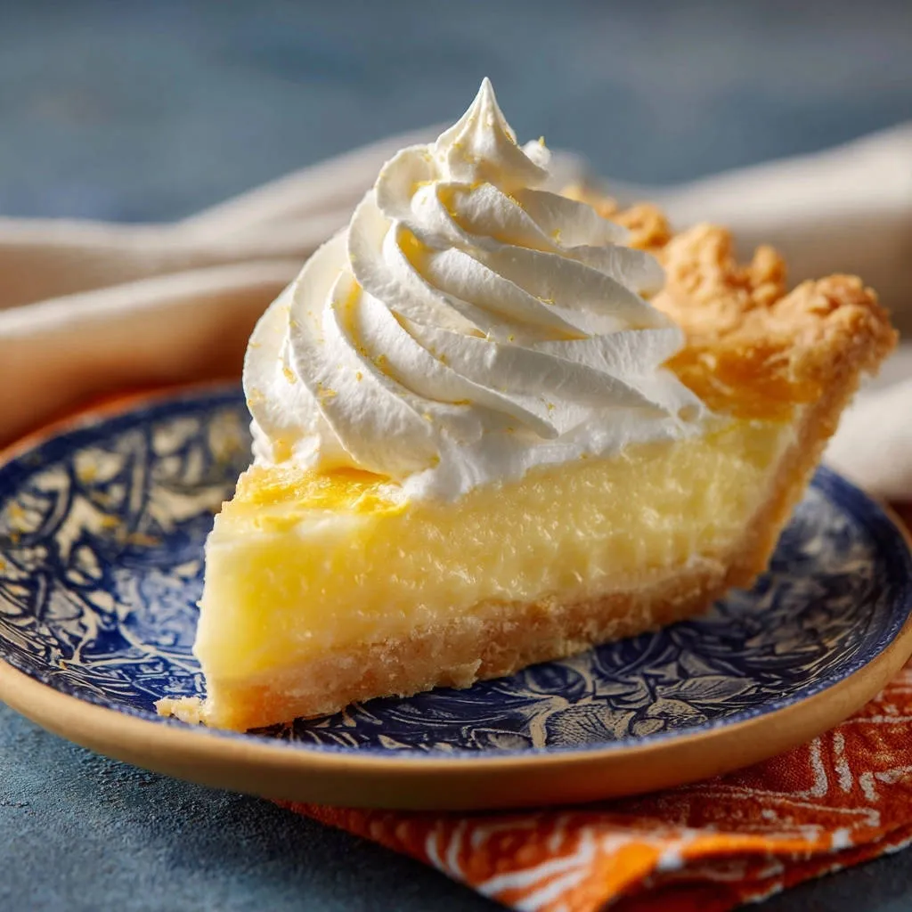 Ultimate Lemon Cream Pie slice topped with swirls of whipped cream and lemon zest.