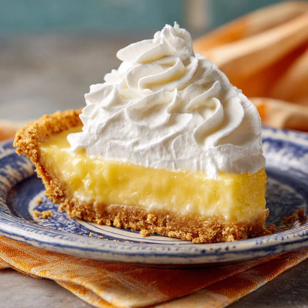 Ultimate lemon cream pie slice with a generous swirl of whipped topping on a decorative blue and white plate.