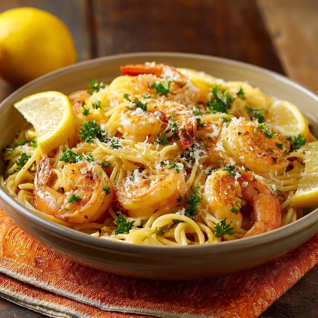 Lemon garlic shrimp pasta with tender juicy shrimp, garnished with fresh parsley and grated cheese, served with lemon wedges.