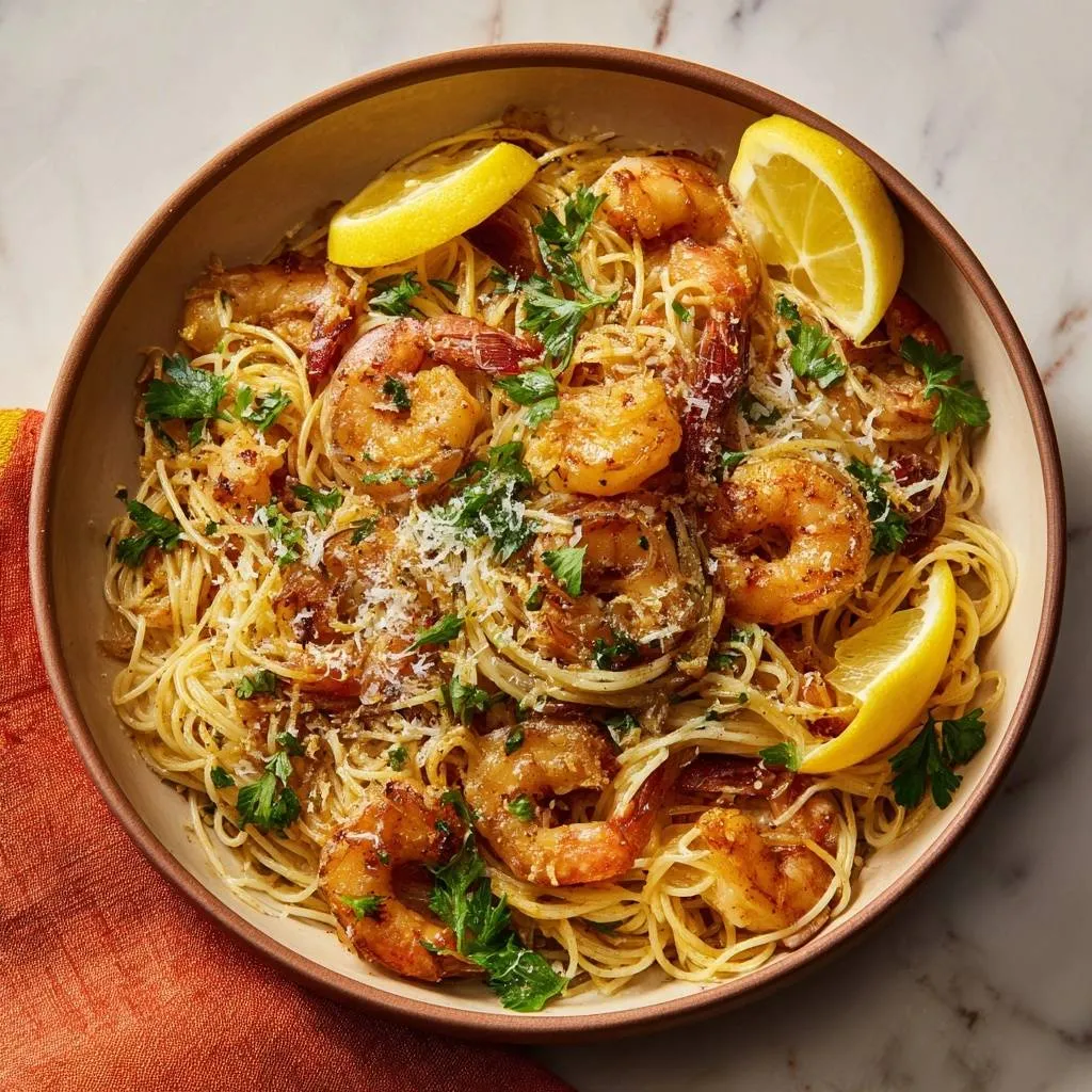 Lemon garlic shrimp pasta with tender juicy shrimp served in a rustic bowl, garnished with parsley and lemon slices.