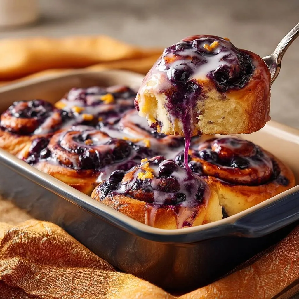 Lemon glazed blueberry cinnamon rolls with a fork lifting one, showing the thick glaze dripping down.