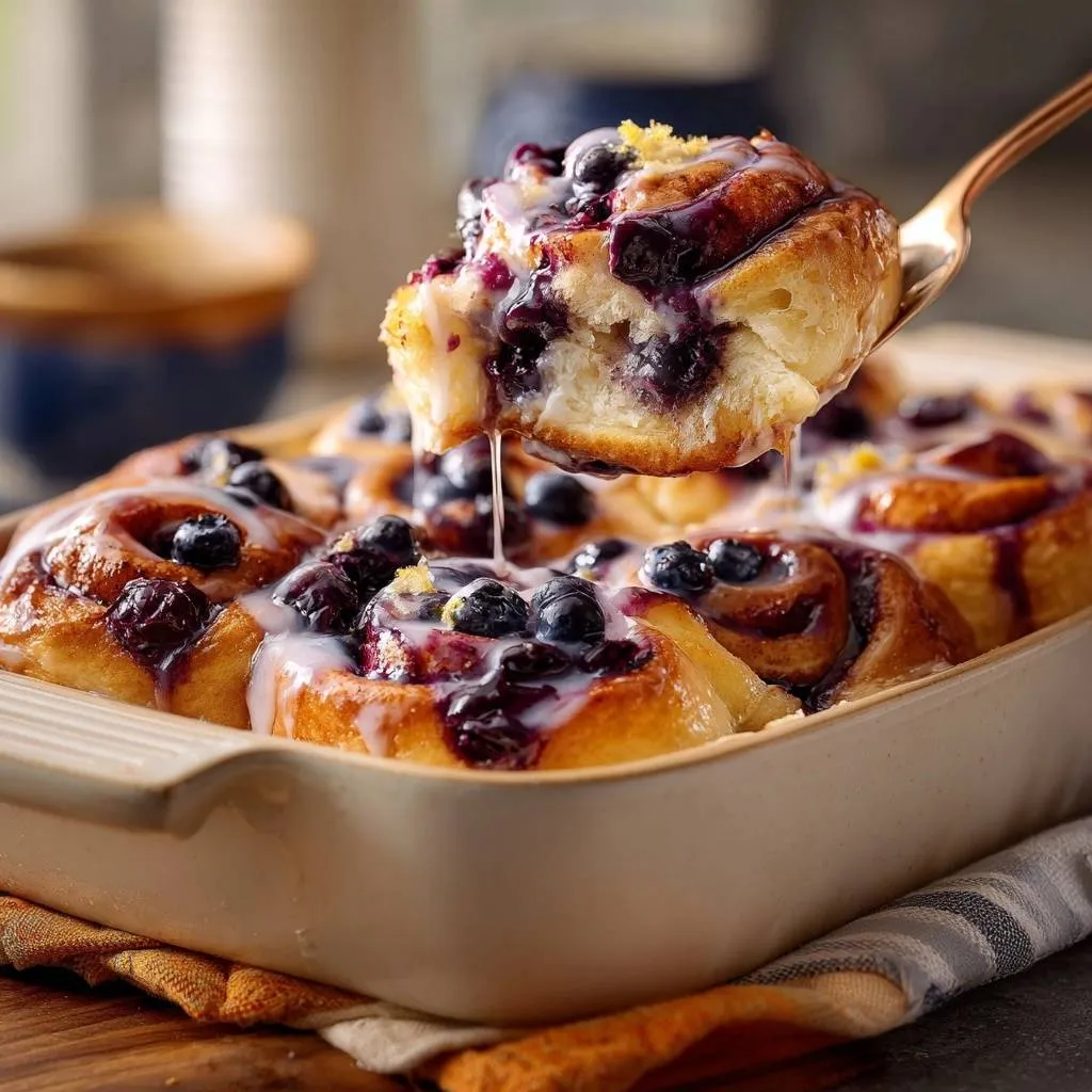 Lemon glazed blueberry cinnamon rolls with a spoonful being lifted, showing the gooey center and blueberry filling.