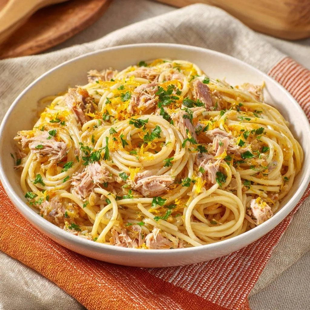 Lemony tuna angel hair pasta served in a white bowl, garnished with fresh parsley and lemon zest.