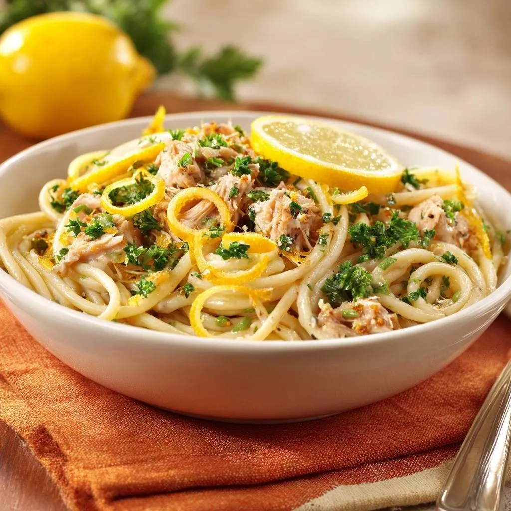 Lemony tuna angel hair pasta served in a white bowl, garnished with lemon zest and parsley.