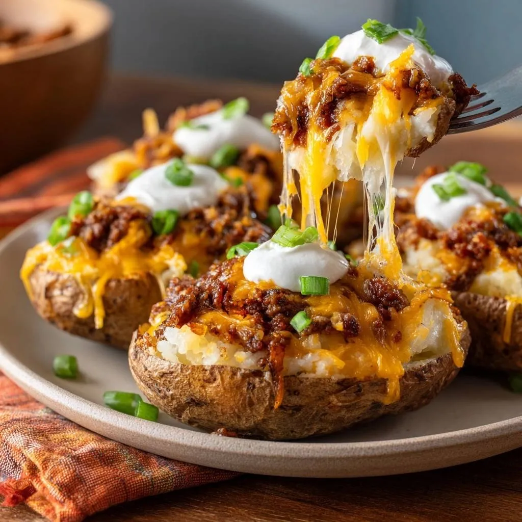 Loaded beef baked potatoes with a cheesy pull being lifted by a fork, topped with sour cream and green onions.