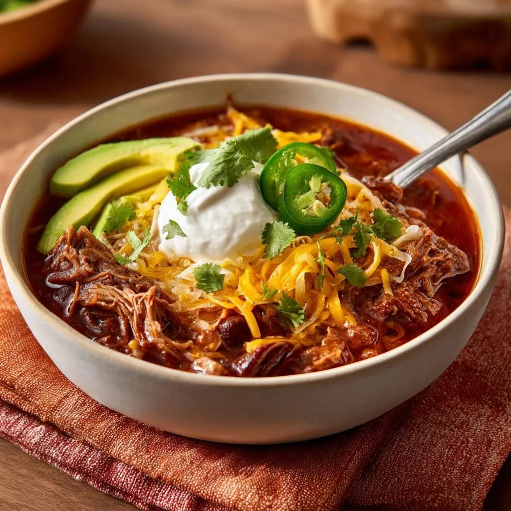 Loaded beef chili with fall-apart tender beef, generously garnished with sour cream, cheese, avocado, and jalapeños.