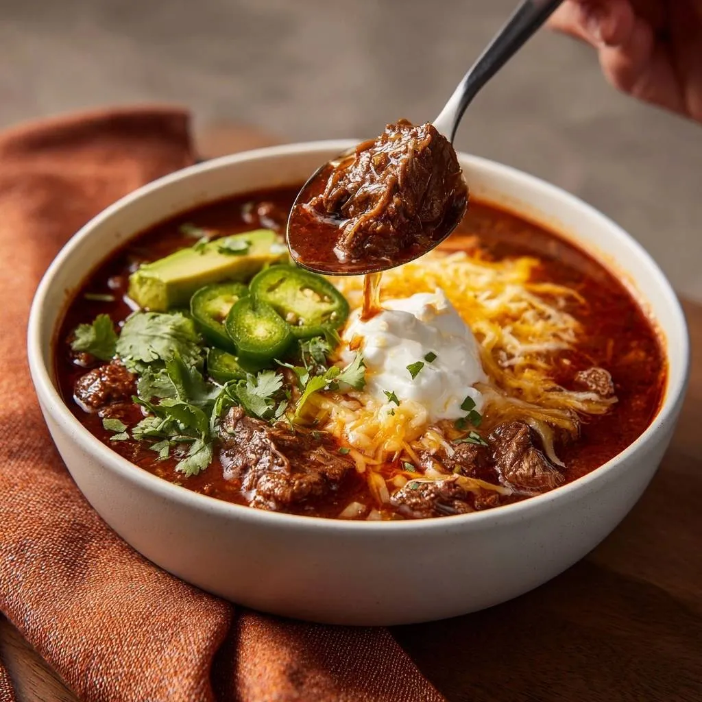 Loaded beef chili with fall-apart tender beef, shown with a spoonful of meat and toppings being lifted.