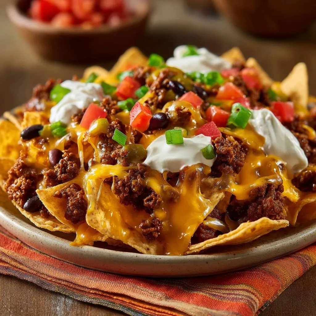 Loaded beef nachos featuring a generous topping of cheese, sour cream, tomatoes, and green onions.