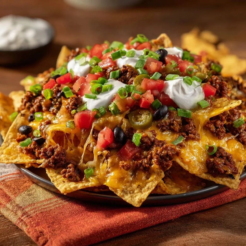Loaded beef nachos generously topped with cheese, sour cream, tomatoes, and green onions in a close-up view.
