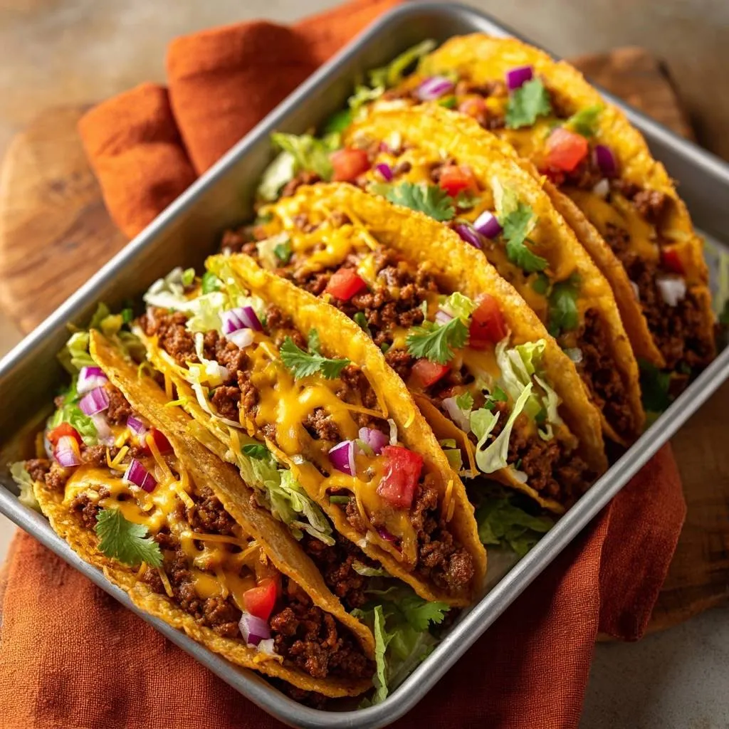Loaded crunchy beef tacos arranged in a metal pan, showcasing their full toppings and taco shells.
