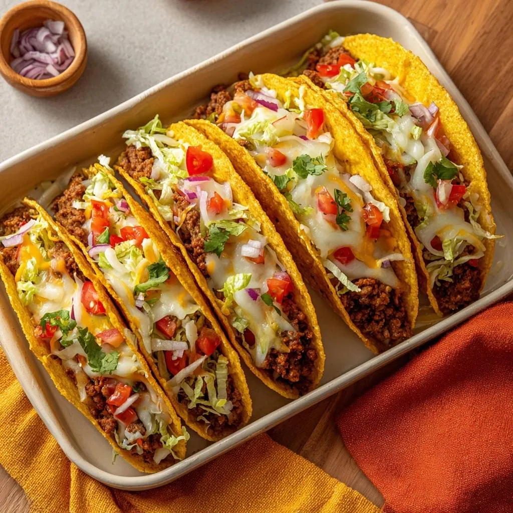 Loaded crunchy beef tacos presented in a tray with an overhead view, showcasing their generous toppings.