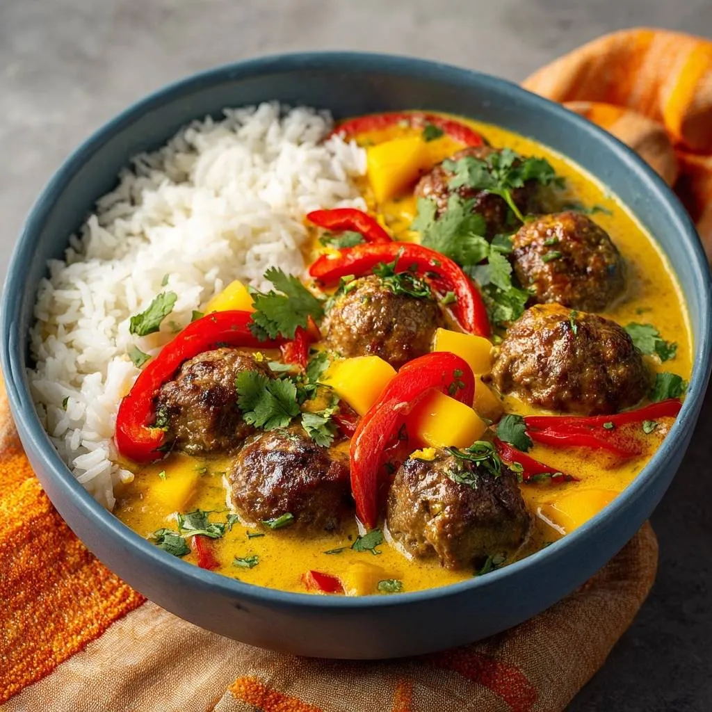Mango curry meatballs served in a blue bowl with fluffy white rice, red peppers, and fresh cilantro garnish.