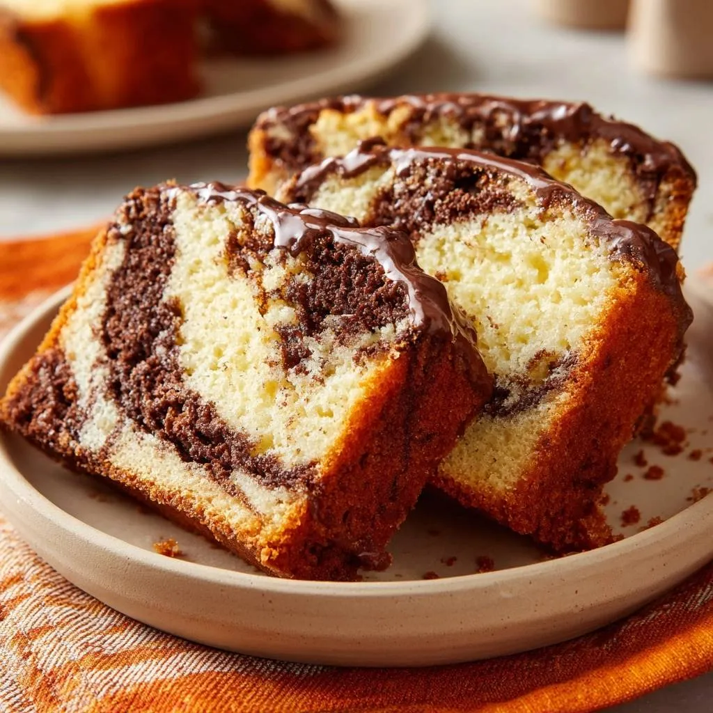 Marble pound cake with chocolate glaze, shown as a close-up of three sliced pieces on a plate.