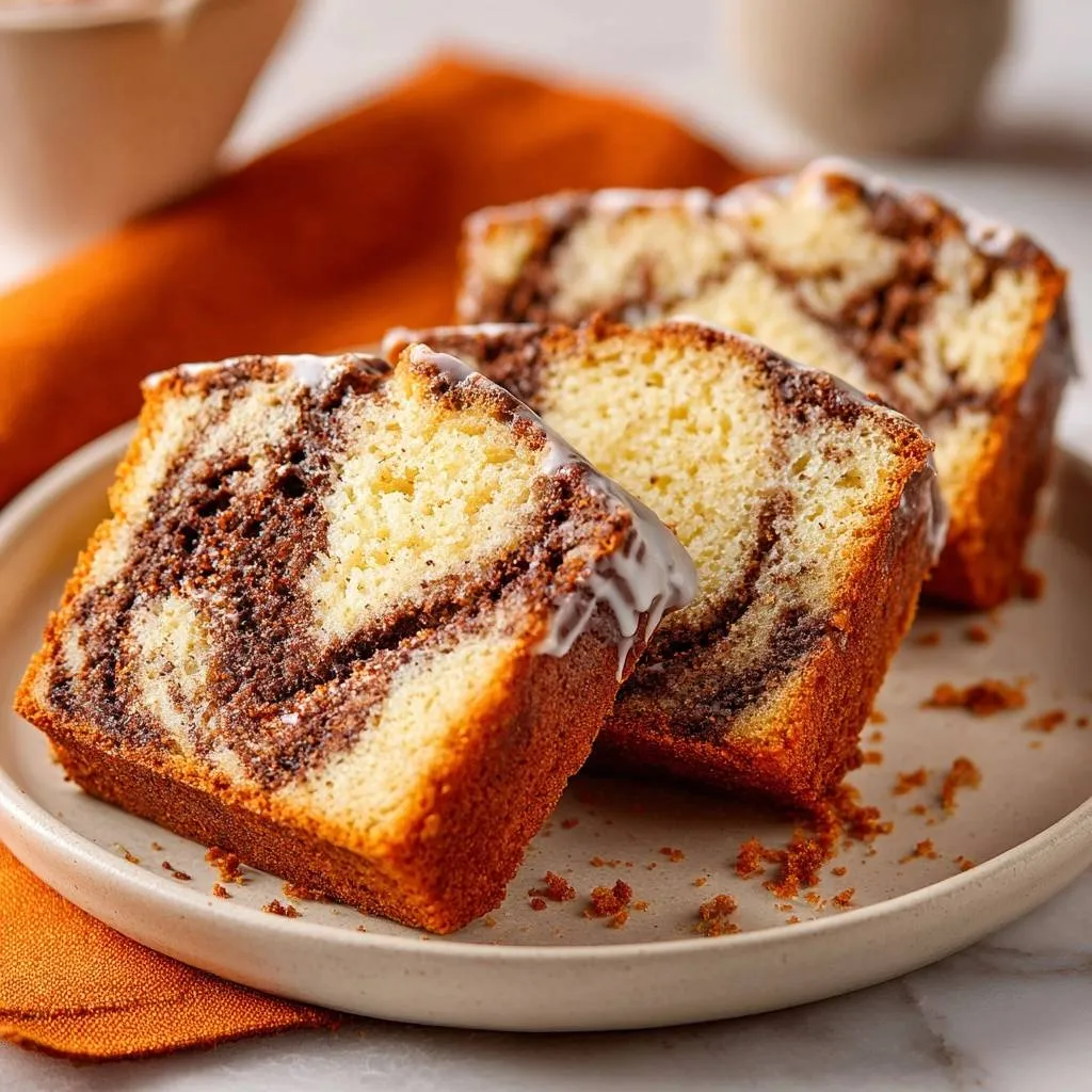 Marble pound cake with chocolate glaze shown as a close-up sliced cross-section on a plate.