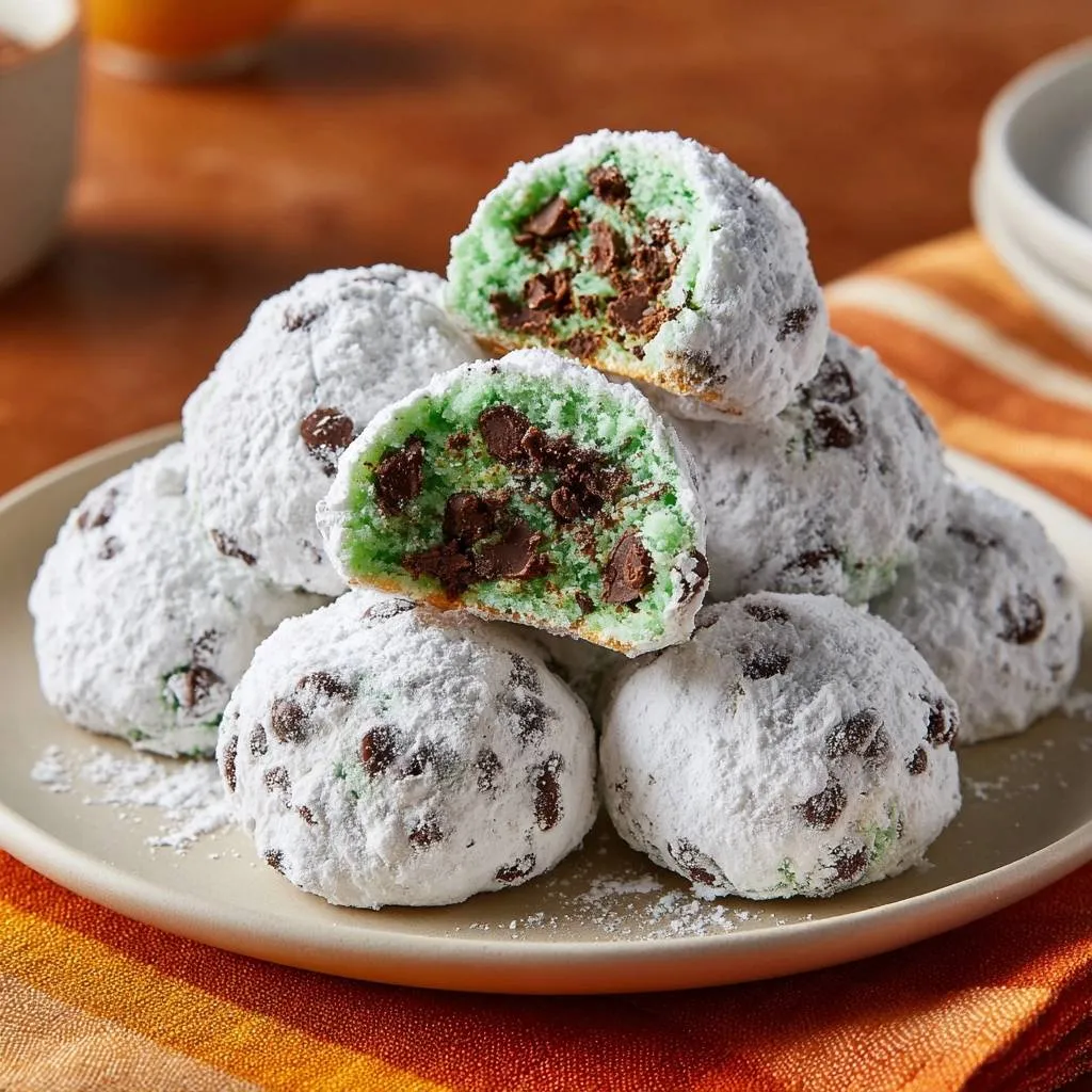 Matcha chocolate chip snowball cookies recipe showing a cross-section revealing the green interior with chocolate chips and powdered sugar coating.