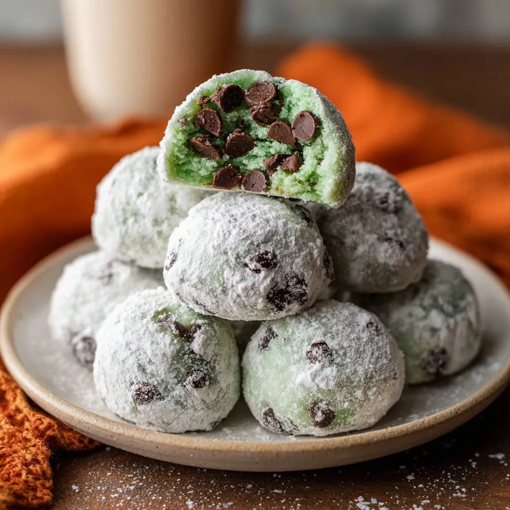Matcha Chocolate Chip Snowball Cookies Recipe shown in a close-up cross-section revealing the green interior with chocolate chips.