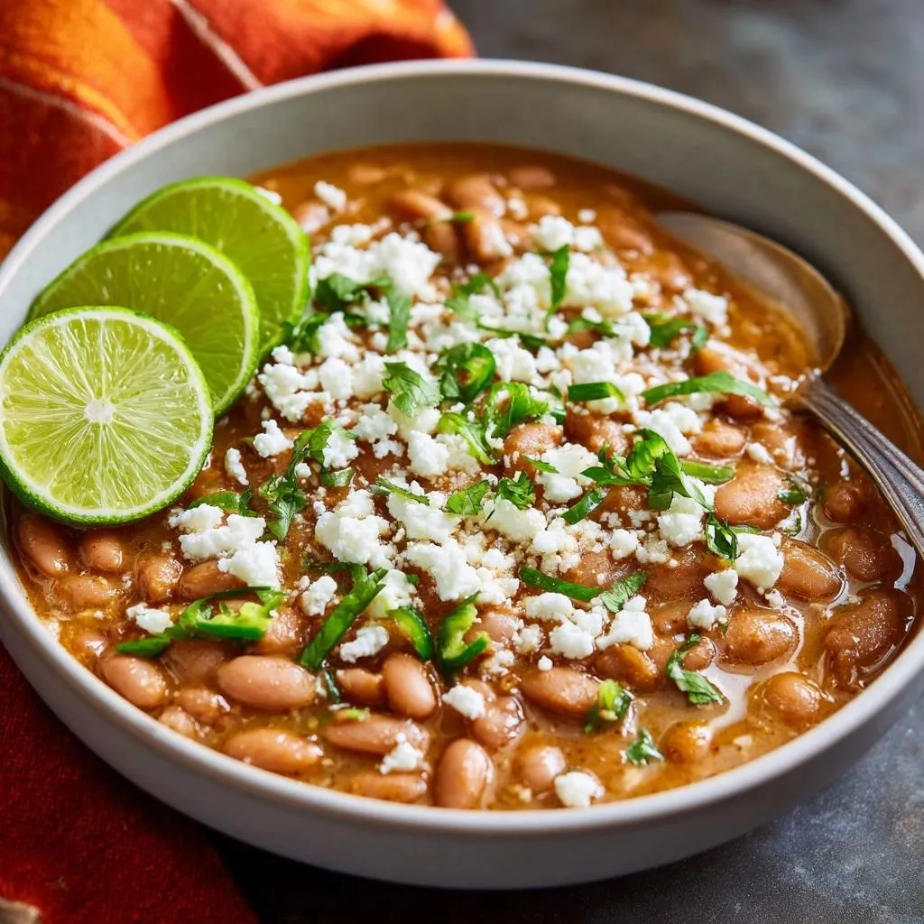 Mexican pinto bean soup with a thick, hearty broth, topped with crumbled cheese, cilantro, jalapeños, and lime wedges.