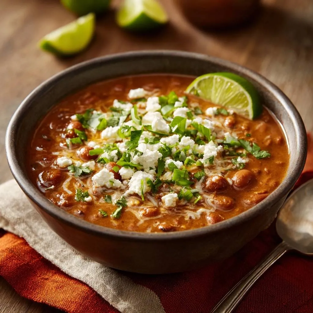 Mexican pinto bean soup in a bowl, generously garnished with crumbled cheese and fresh cilantro, with a lime wedge.