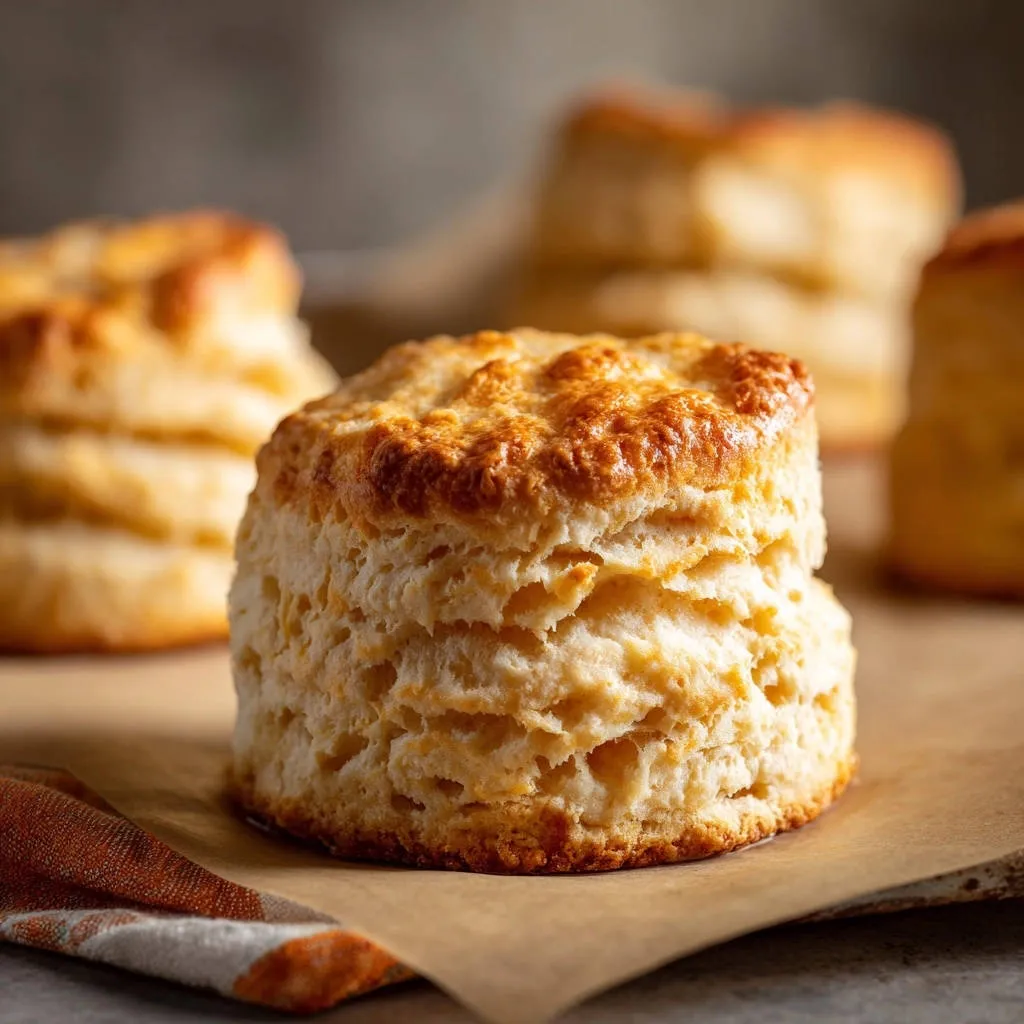 Mile-high buttermilk biscuits showing their distinct flaky layers in a close-up, freshly baked view.
