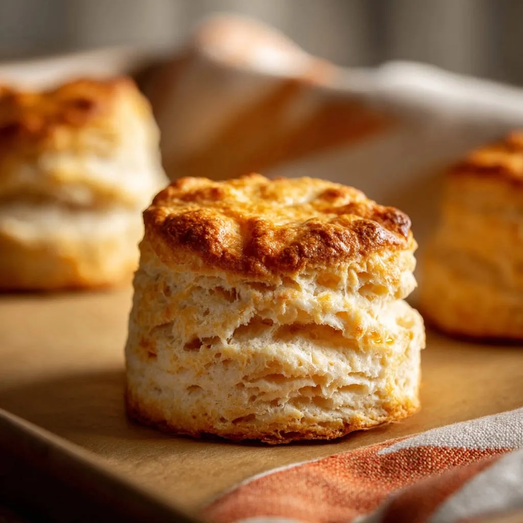Mile-high buttermilk biscuits showcasing their distinct flaky layers in a close-up detail shot.