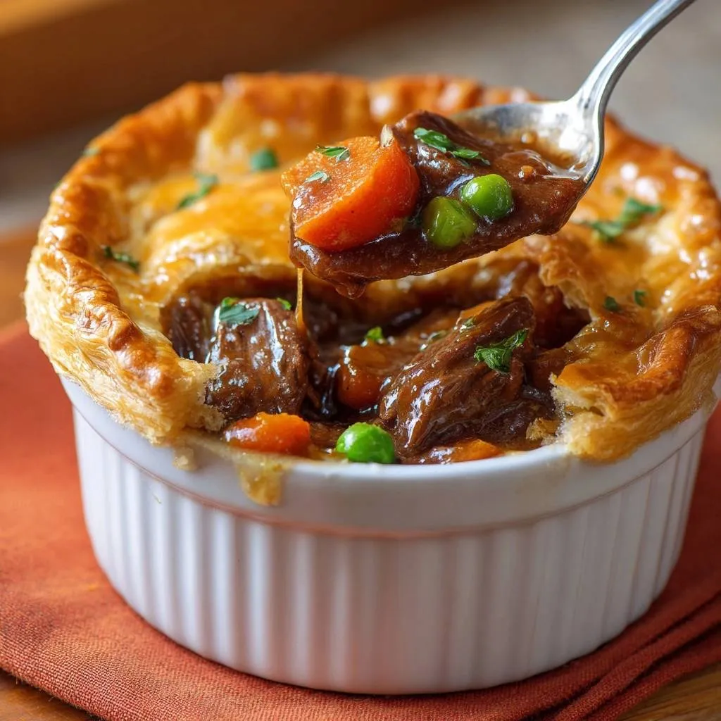 Mini beef pot pies with tender beef chunks shown in a close-up with a spoonful being lifted out.