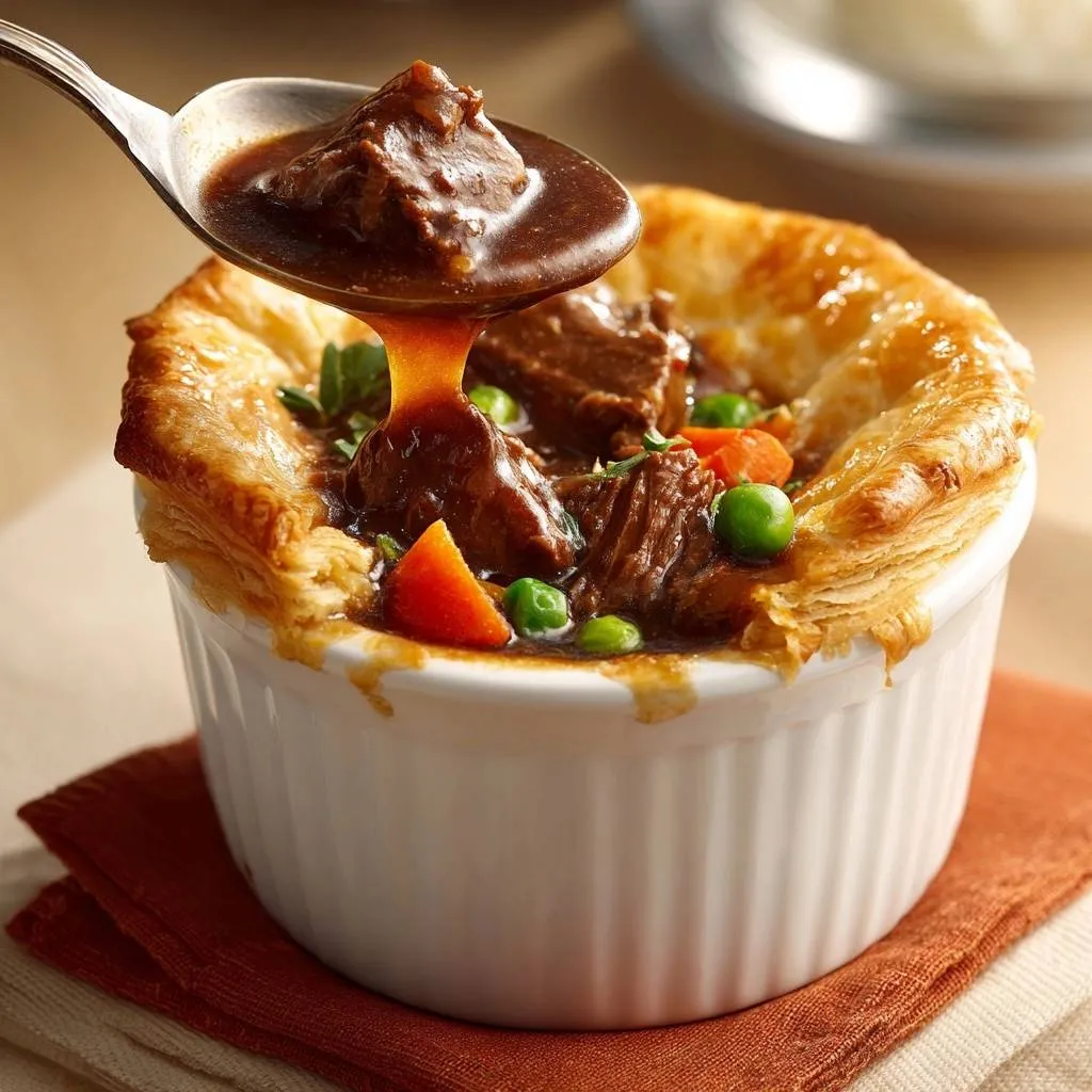 Mini beef pot pies with tender beef chunks being lifted out with a spoon, showing the rich gravy and flaky crust.