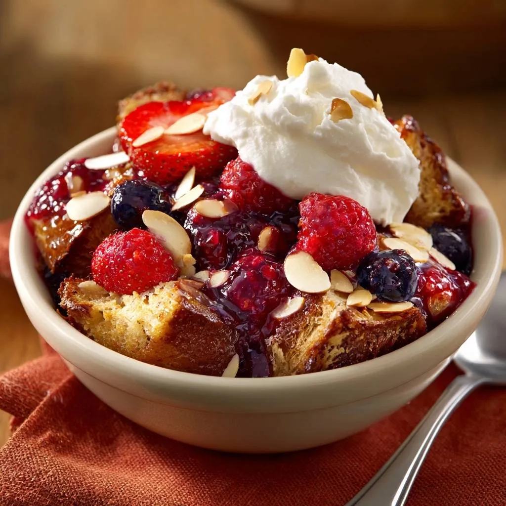 Mixed Berry Almond French Toast Bake served generously in a bowl, topped with whipped cream and fresh berries.