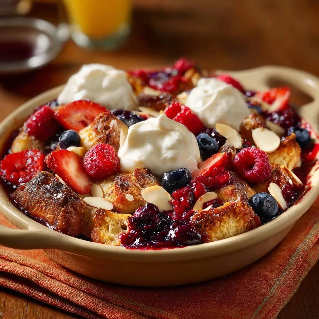 Mixed Berry Almond French Toast Bake topped with dollops of whipped cream and fresh berries.