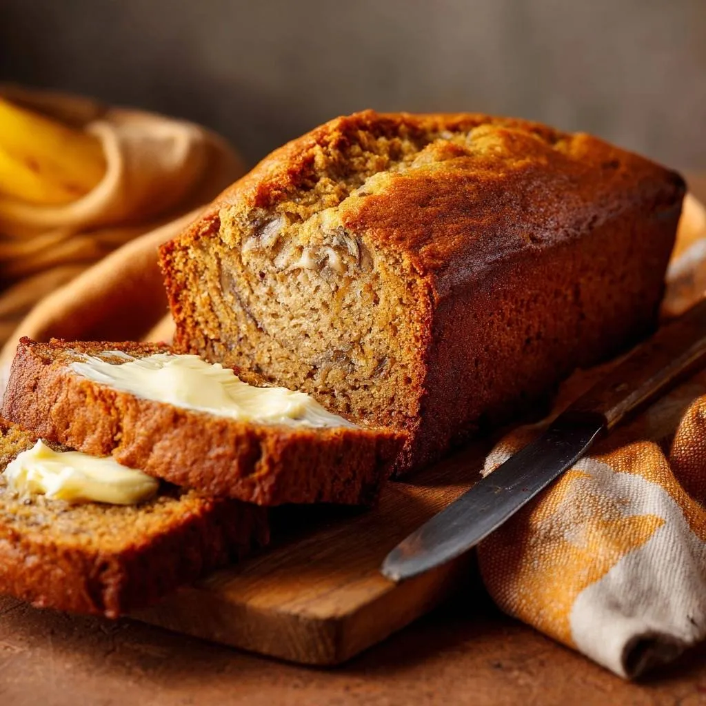 Moist banana nut bread loaf, with two slices spread with butter, on a wooden cutting board.