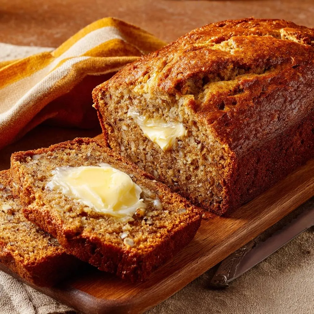 Moist banana nut bread recipe, with two slices topped with melting butter on a wooden board.