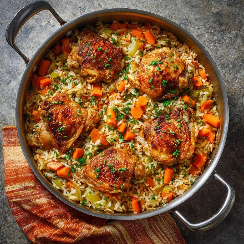 One-pan crispy chicken thighs with carrot rice shown in a large pan from an overhead view with a close-up detail of the ingredients.