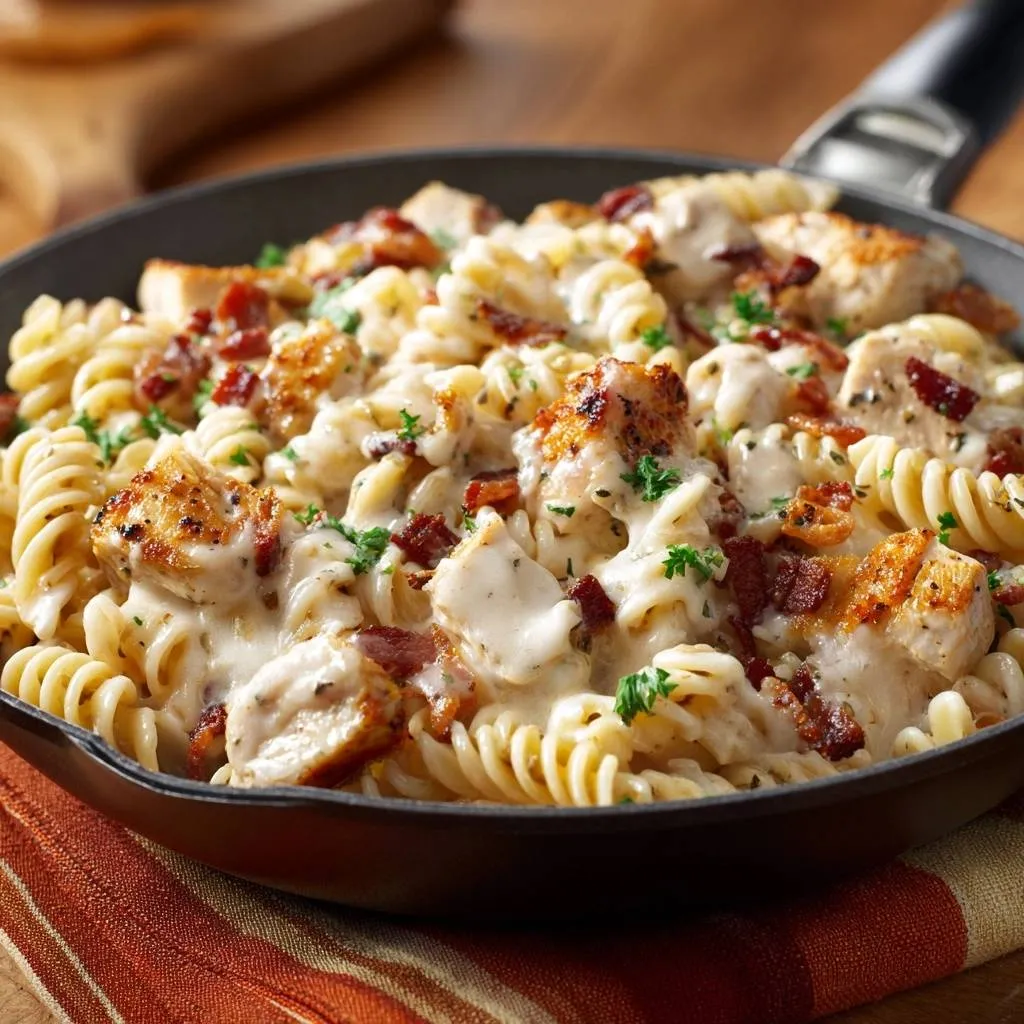 One-Pan Creamy Chicken Bacon Rotini shown in a close-up view within the skillet, highlighting the pasta and chicken.