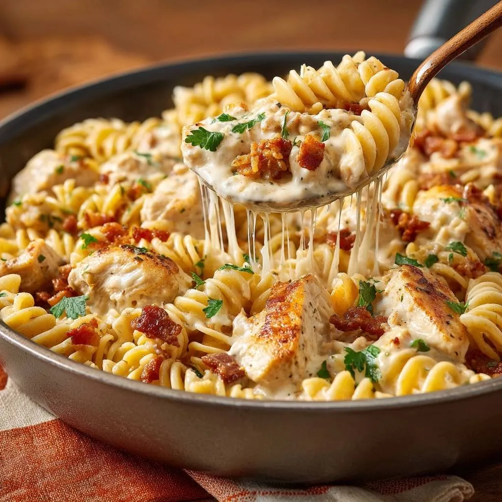 One-pan creamy chicken bacon rotini being served from the pan with a spoon, showing a cheese pull.