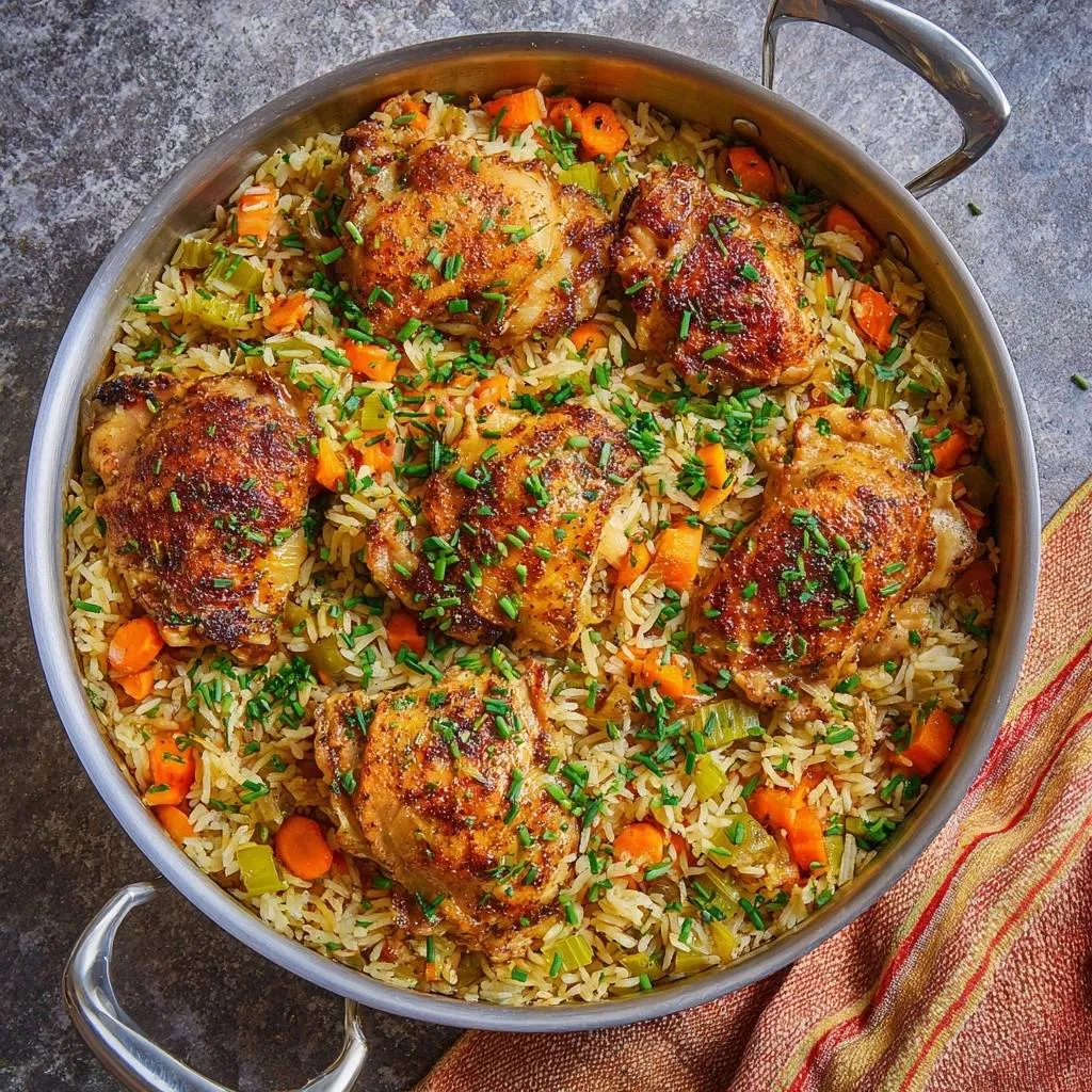 One-Pan Crispy Chicken Thighs with Carrot Rice - recipe image