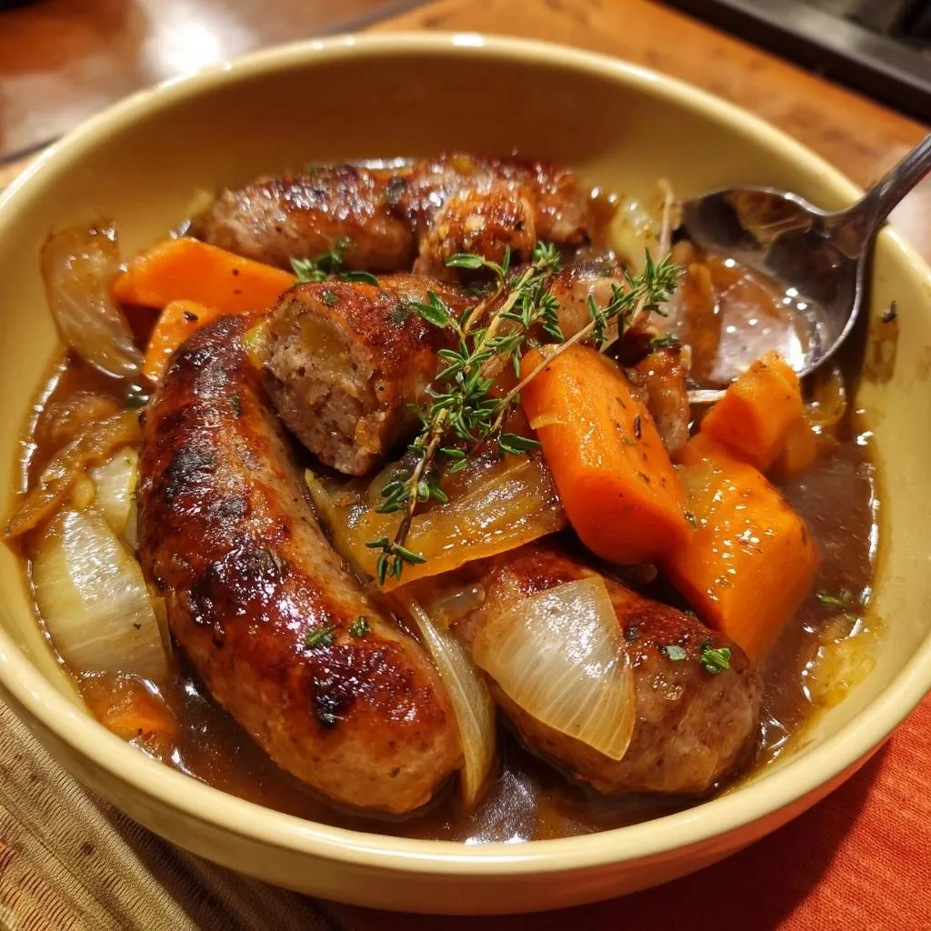 One-pot sausage stew with carrots and onions in a bowl, with a close-up view of the juicy sausages.