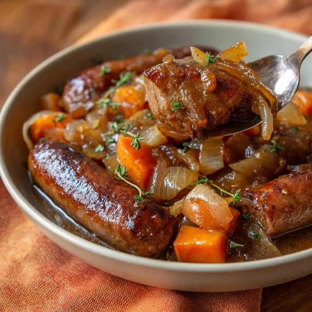 One-pot sausage stew shown as a spoonful of juicy sausage, carrots, and onions being lifted from the bowl.