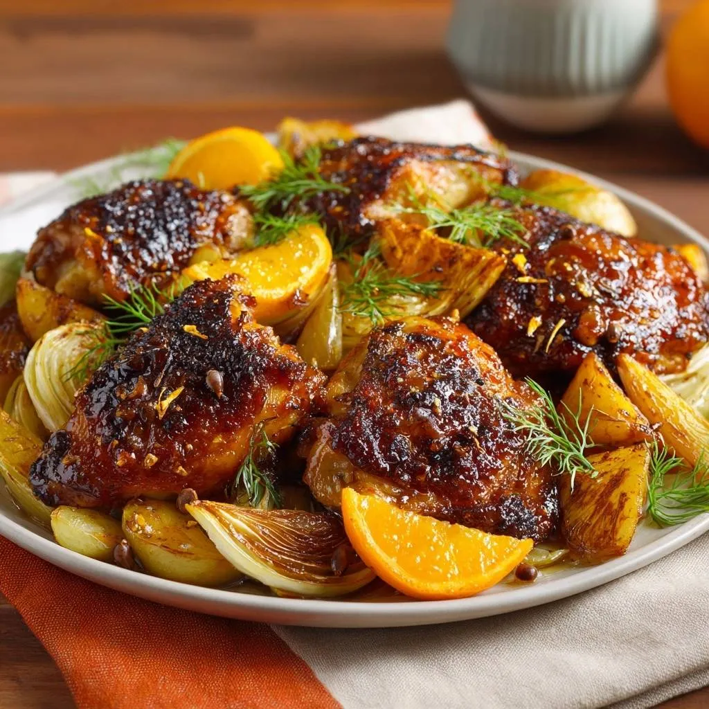 Orange glazed chicken thighs with potatoes, served on a platter with orange slices and fresh dill garnish.
