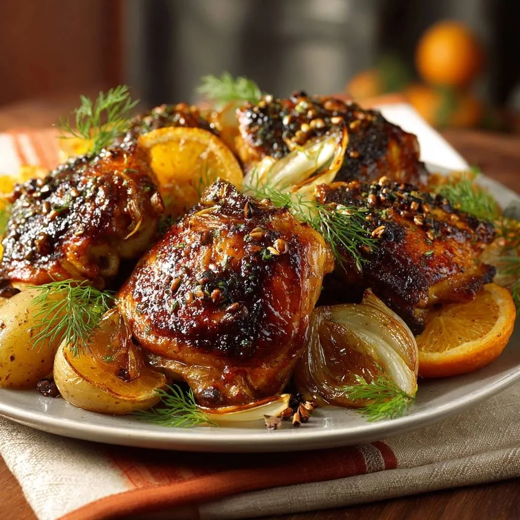 Orange glazed chicken thighs with potatoes plated on a grey dish, featuring a close-up view of the tender chicken and bright orange slices.