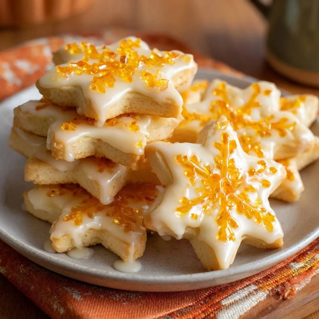 Orange zest star cookies decorated with white glaze and candied orange pieces, showing intricate detail.
