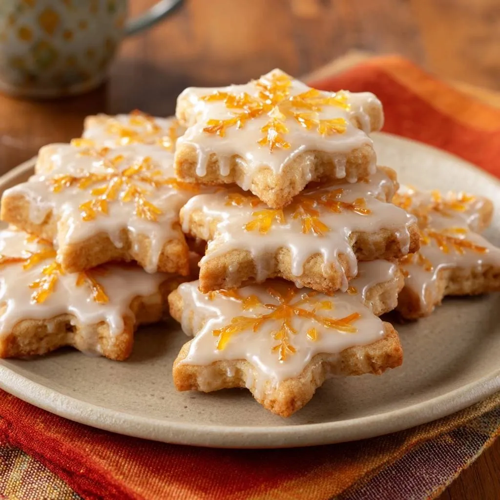 Orange zest star cookies with crisp edges, stacked on a plate, showing intricate icing and garnish detail.