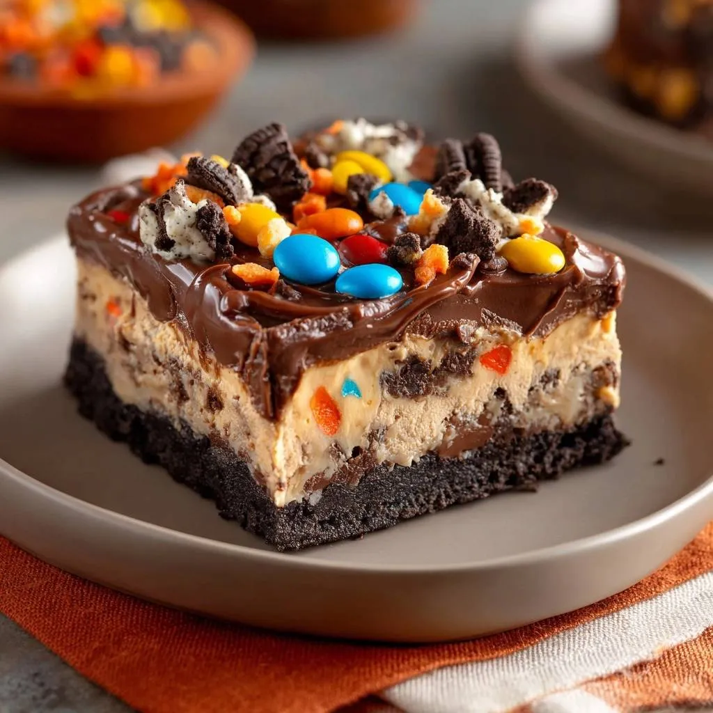 Oreo peanut butter cheesecake bars shown in a close-up cross-section revealing layers and toppings.