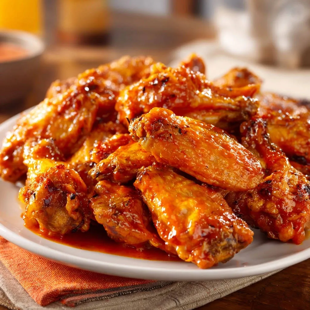 Oven-baked buffalo chicken wings with a glistening glaze, presented in a close-up view on a white plate.