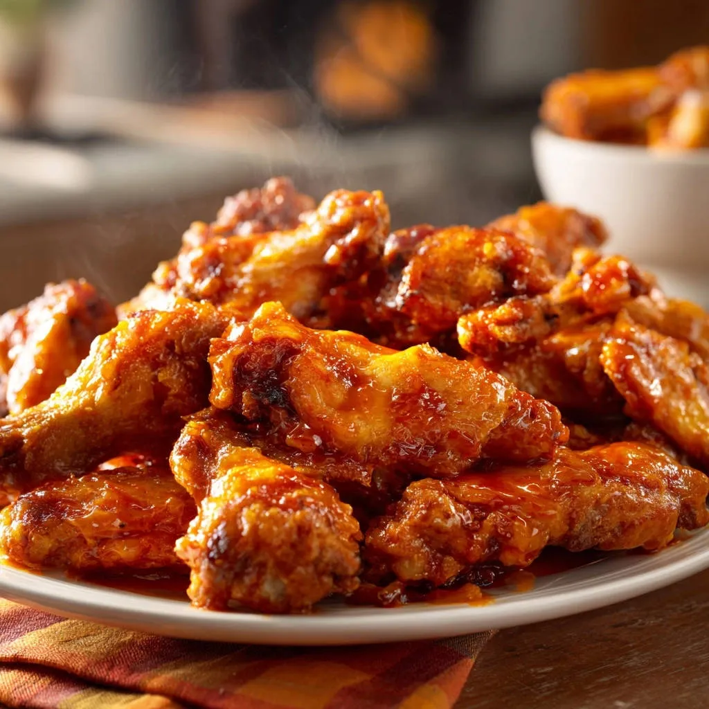 Oven-baked buffalo chicken wings glistening with sauce, shown in a close-up view with visible steam rising.