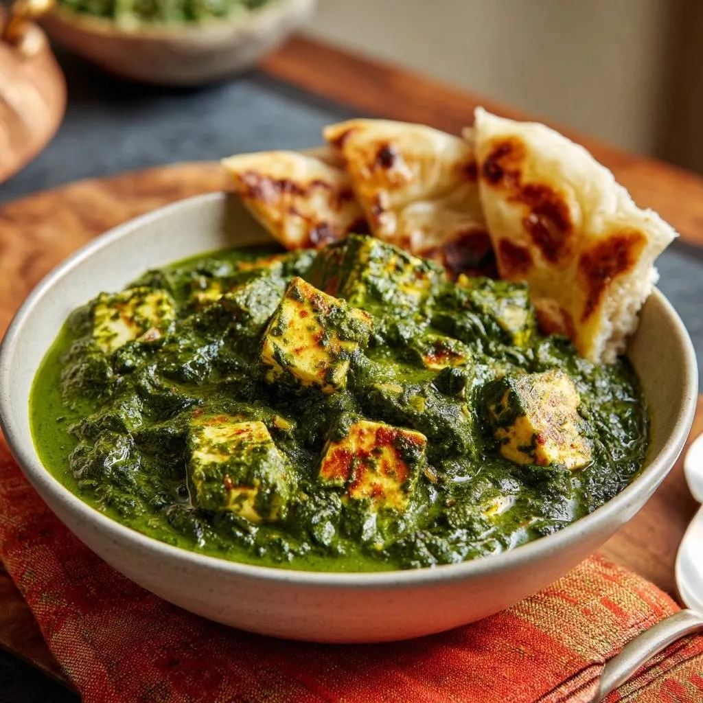 Palak paneer featuring tender paneer cubes in creamy spinach gravy, served in a bowl with naan.