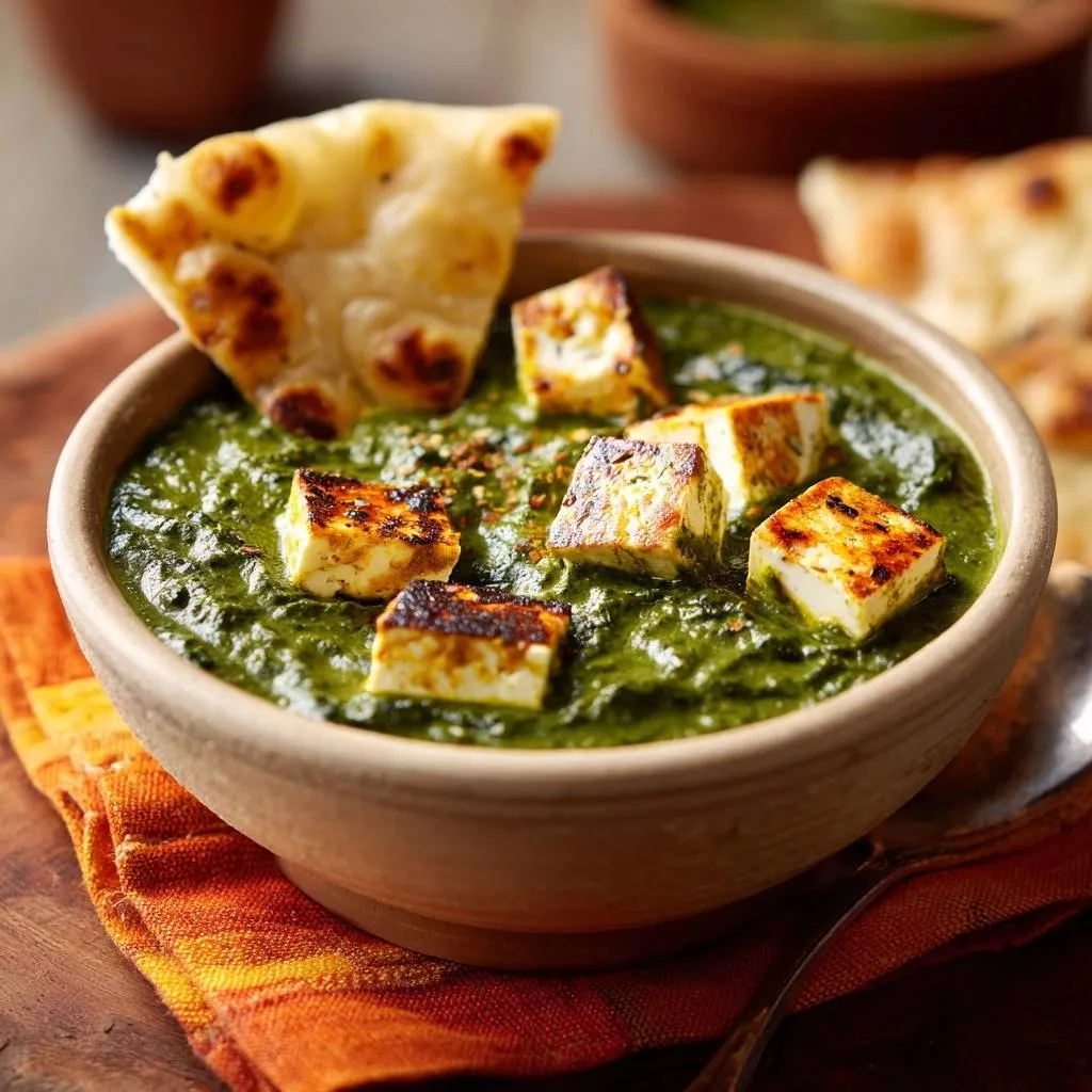Palak paneer with golden paneer cubes nestled in vibrant, creamy spinach gravy, served with naan.