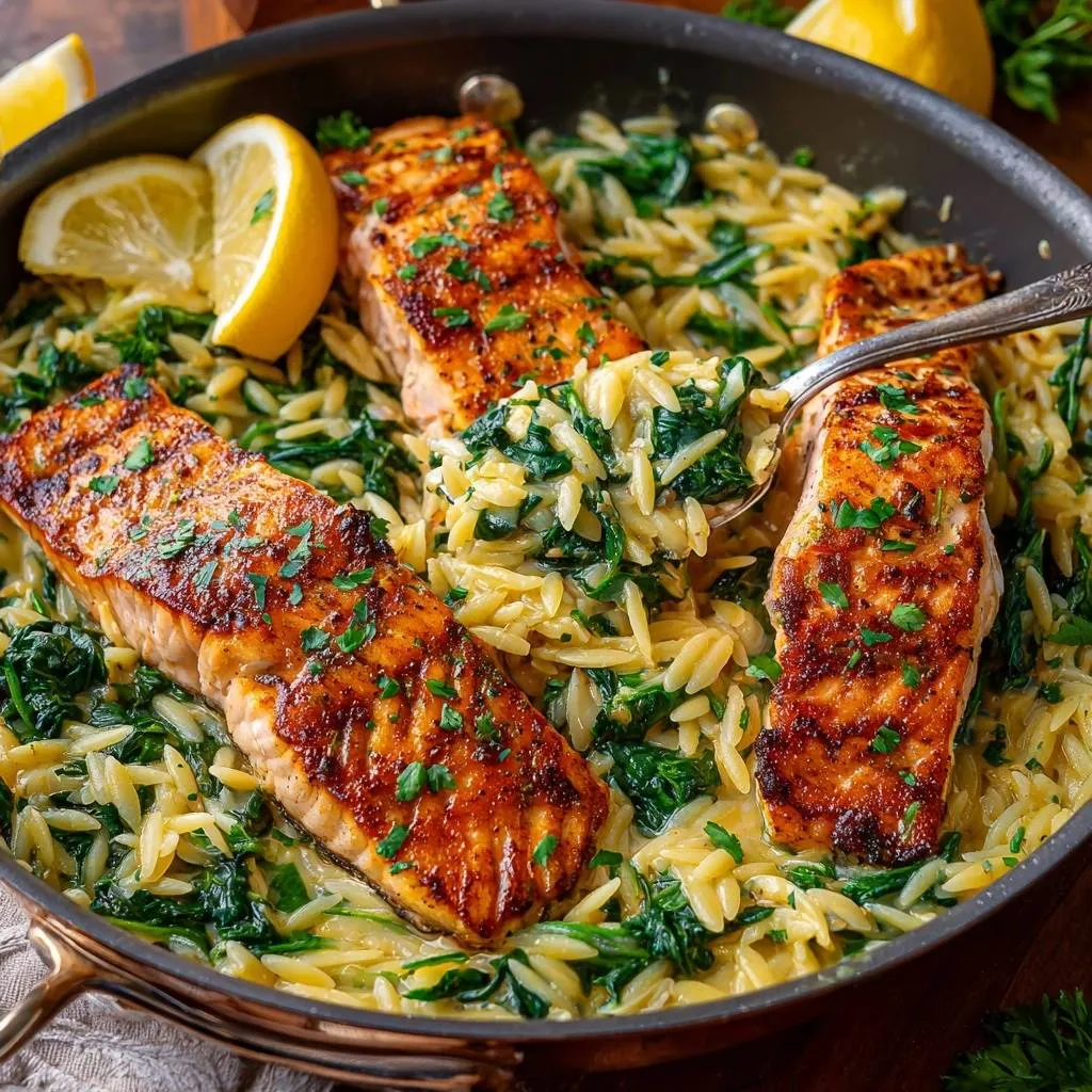 Pan-seared salmon with lemon spinach orzo served directly from the skillet with a spoonful being lifted.